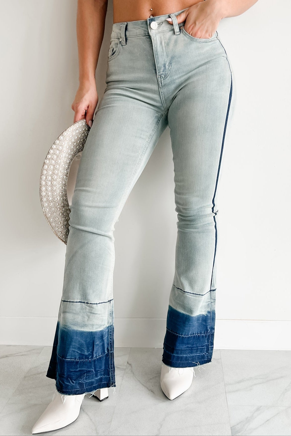 Jett High Rise Dip Dye Indigo Reign Flare Jeans (Light Wash)