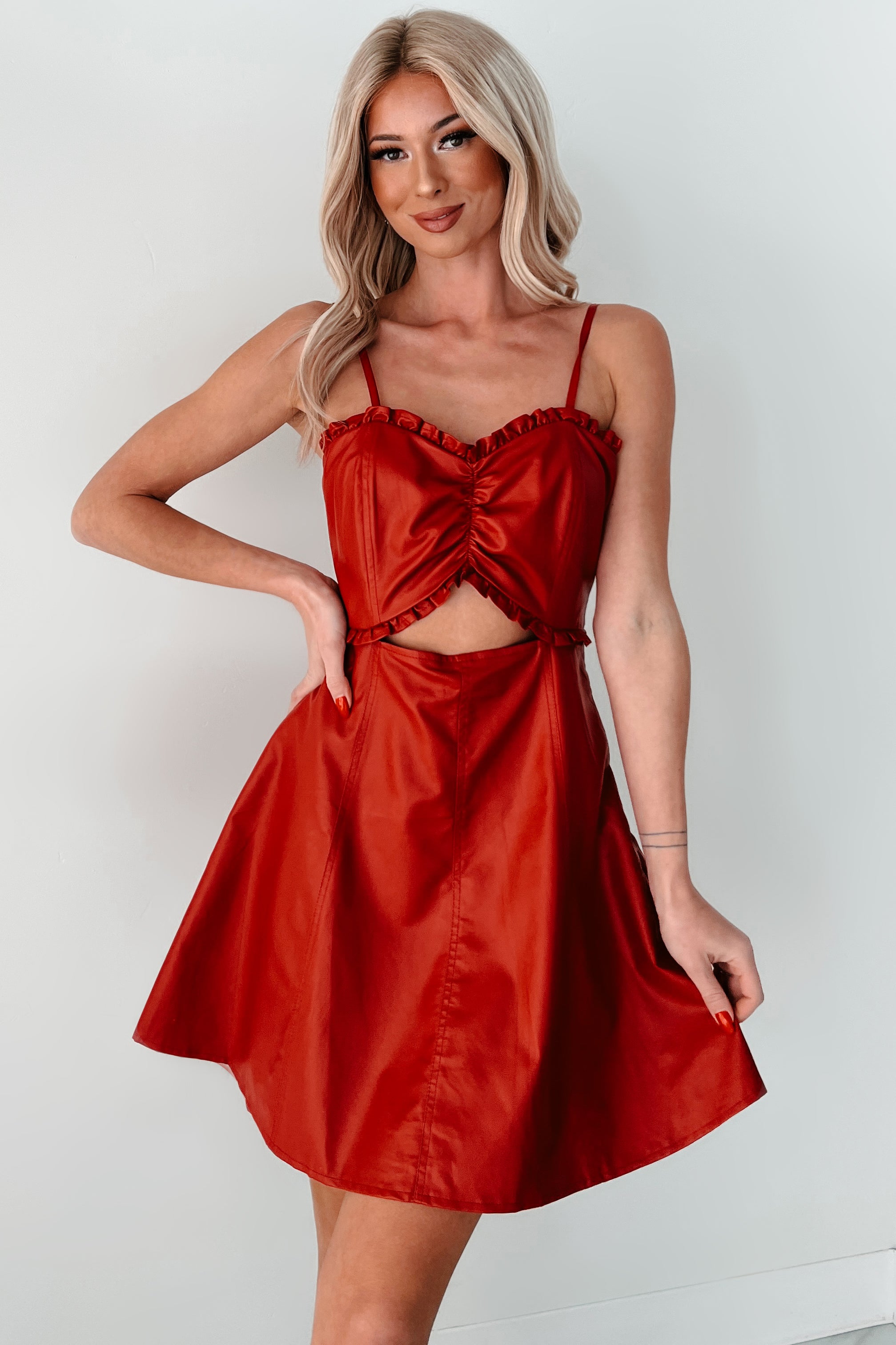 Simmering Looks Faux Leather Mini Dress (Red)