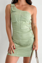 Glance Twice One Shoulder Denim Mini Dress (Olive)