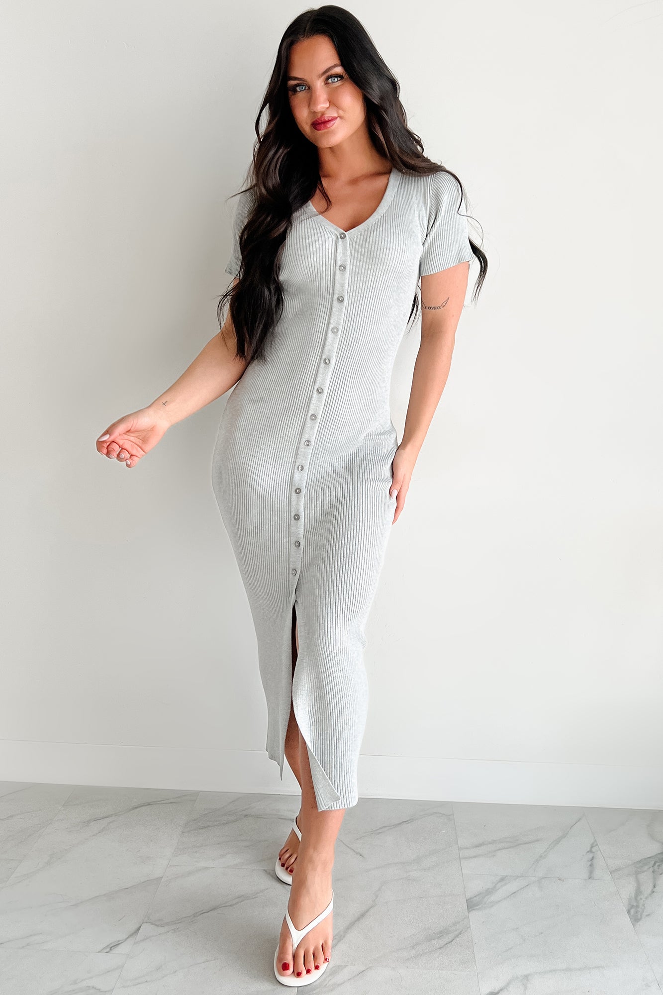 Make It Look Easy Button Front Maxi Dress (Grey)