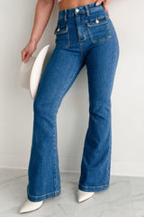 Foster Special A High Rise Tummy Control Patch Pocket Flare Jeans (Medium Dark)