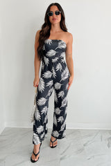 Palm Plans Strapless Leaf Print Jumpsuit (Black)
