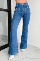 Foster Special A High Rise Tummy Control Patch Pocket Flare Jeans (Medium Dark)