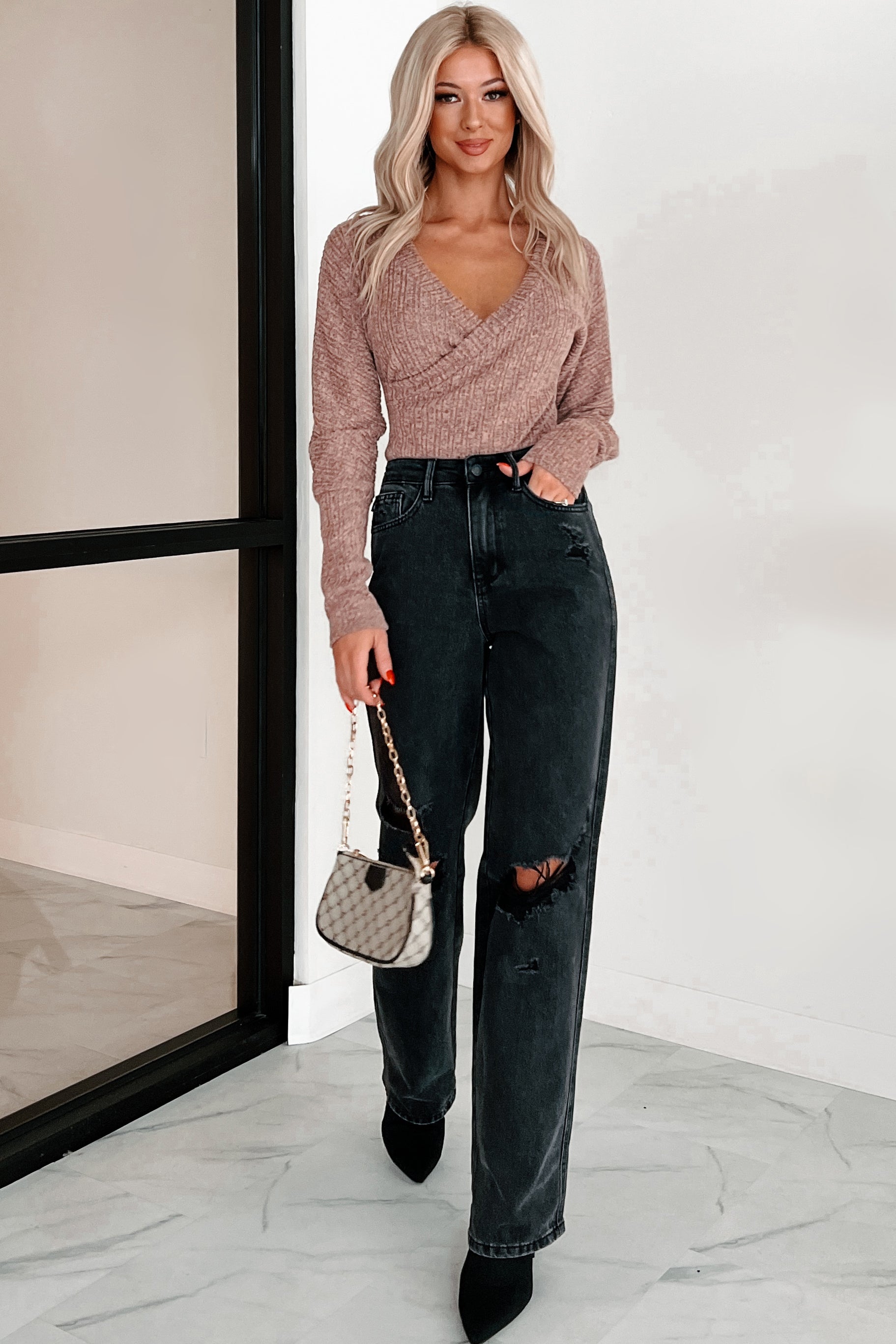 Kaelin Long Sleeve Surplice Bodysuit (Dusty Pink)