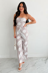 Palm Plans Strapless Leaf Print Jumpsuit (Taupe)