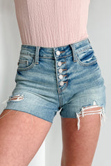 Dagwood Judy Blue Mid Rise Button Fly Distressed Shorts (Medium)