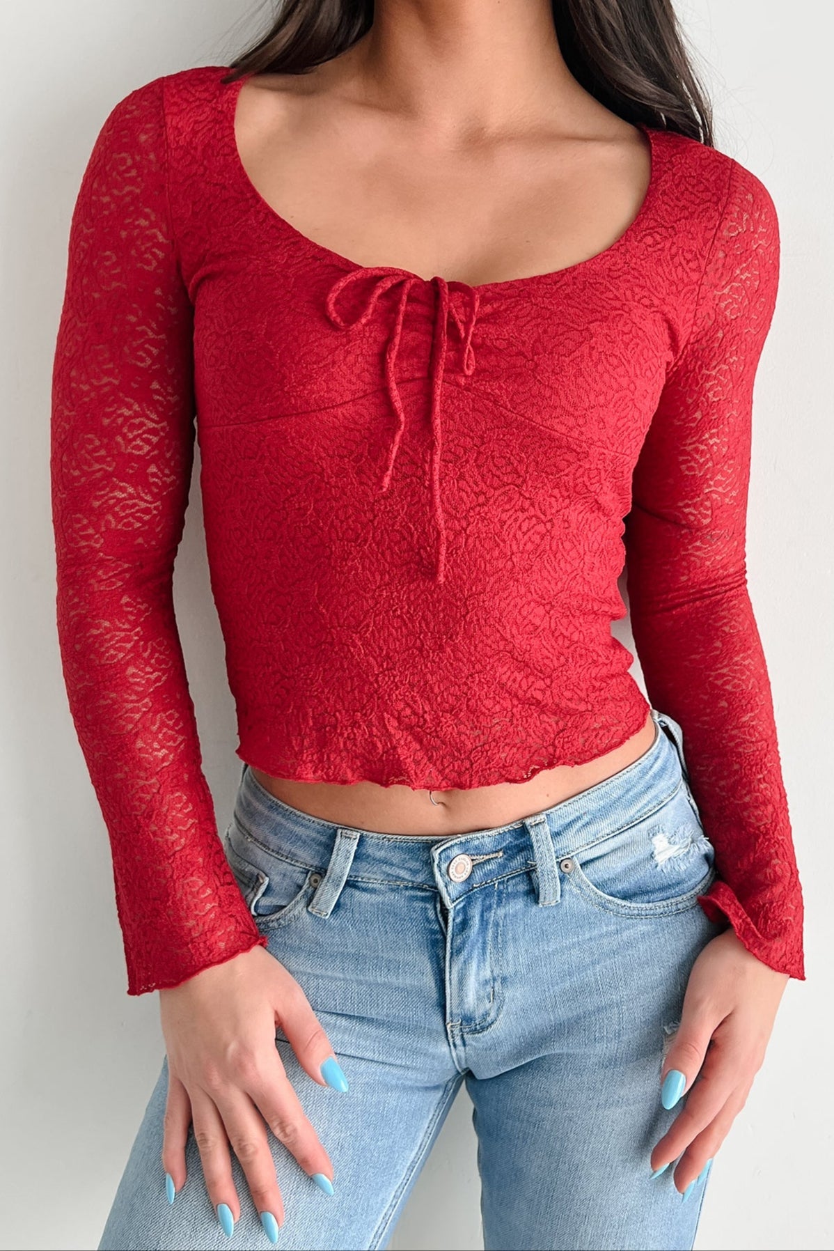 Laced In Love Cinched Lace Long Sleeve Top (Deep Red)