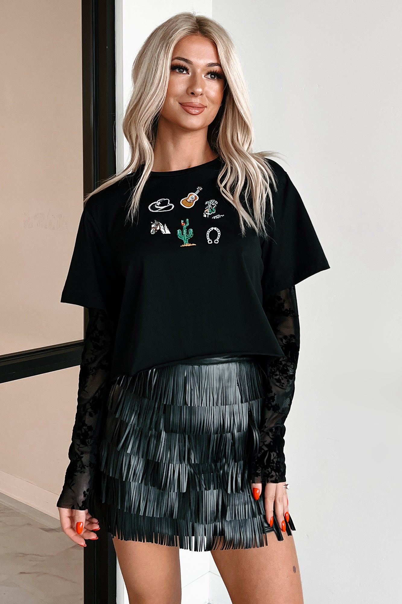 Ain't She Something Velvet Sleeve Western Tee (Black)