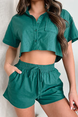 Fooling Myself Linen Button-Down Shirt & Shorts Set (Hunter)