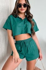 Fooling Myself Linen Button-Down Shirt & Shorts Set (Hunter)