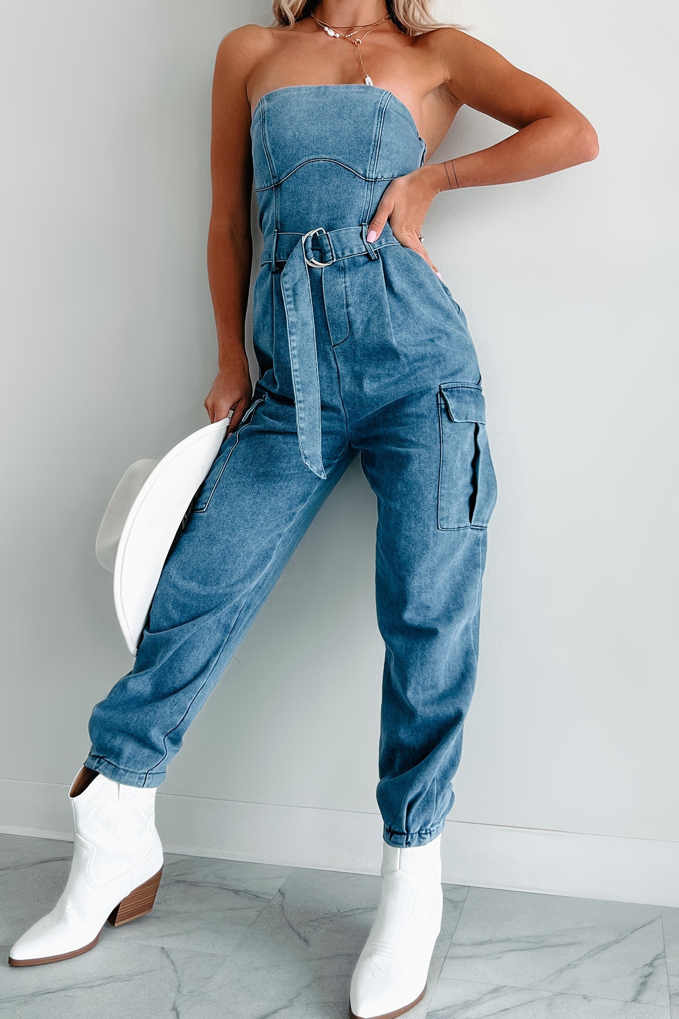 Ignite Your Passion Denim Cargo Jumpsuit (Denim)