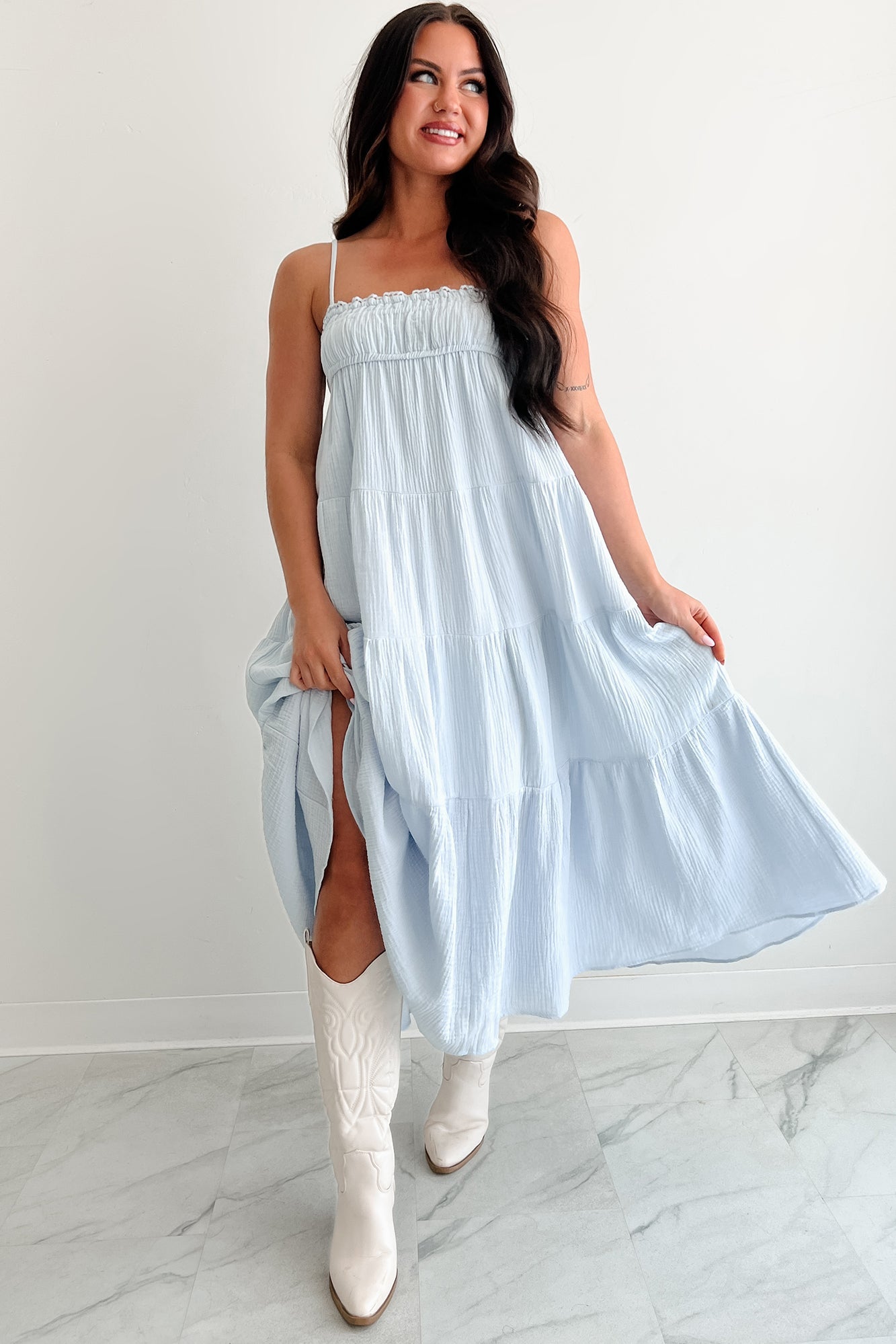 Twilight Glow Sleeveless Tiered Maxi Dress (Light Blue)