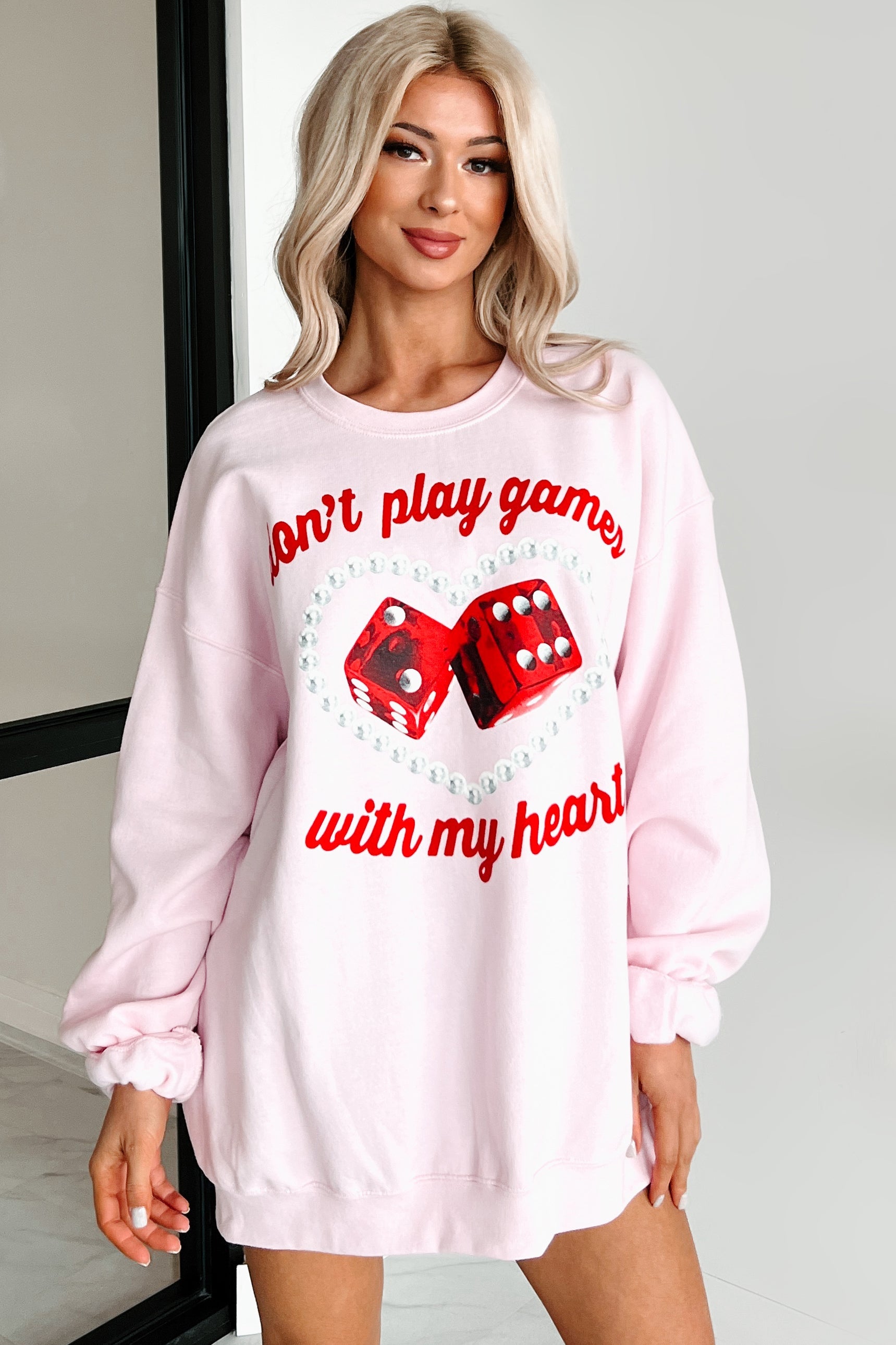 "Don't Play Games With My Heart" Graphic Crewneck (Light Pink)