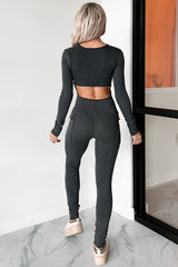 Beautiful Curves Ribbed Cut-Out Back Jumpsuit (Black)