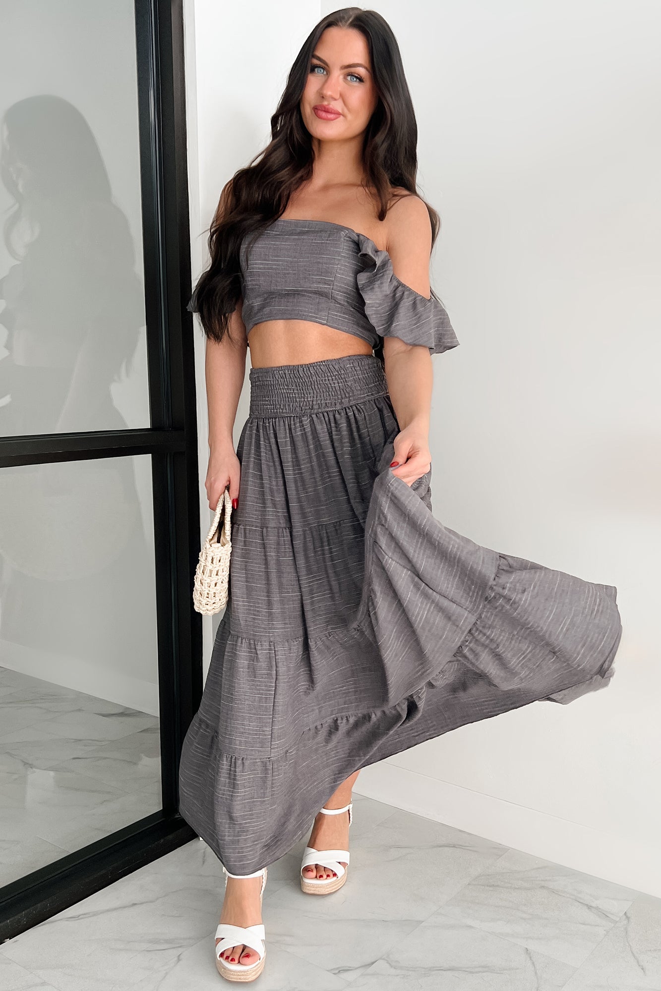 Laugh Till It Hurts Two Piece Ruffle Skirt Set (Charcoal)