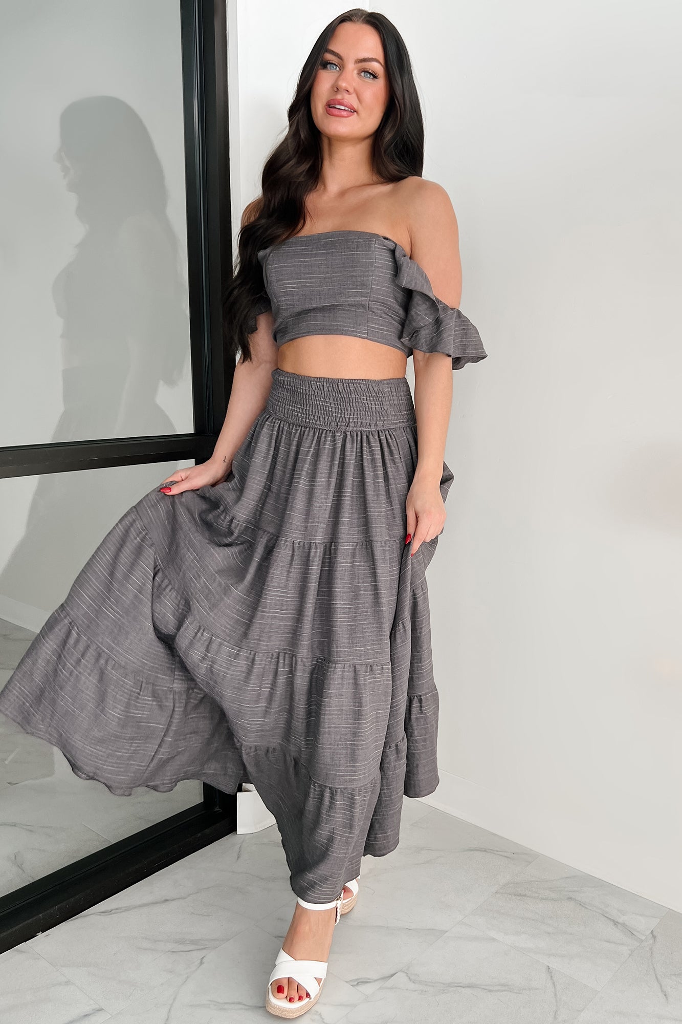Laugh Till It Hurts Two Piece Ruffle Skirt Set (Charcoal)