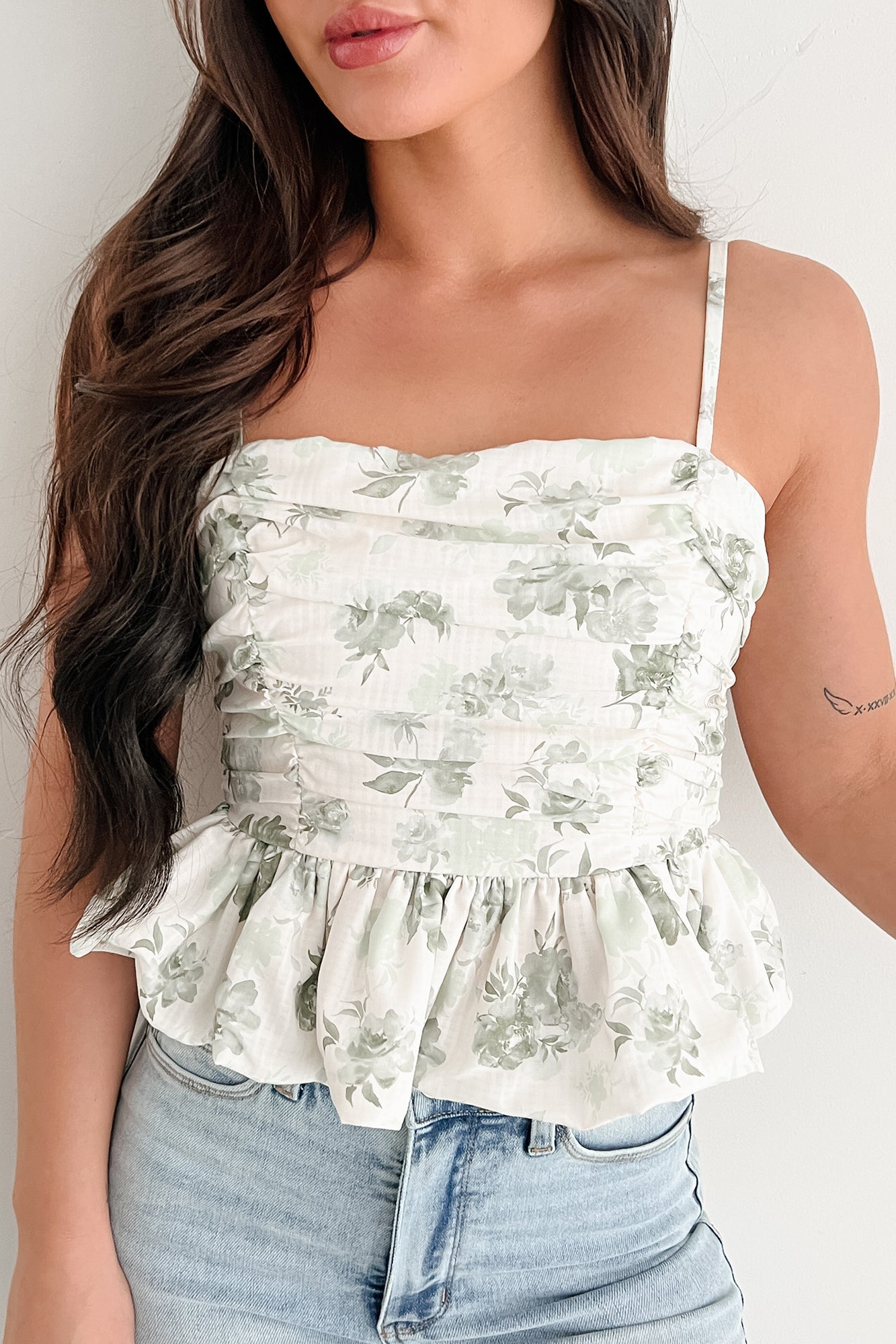 Nature's Palette Ruched Floral Peplum Tank (Sage)