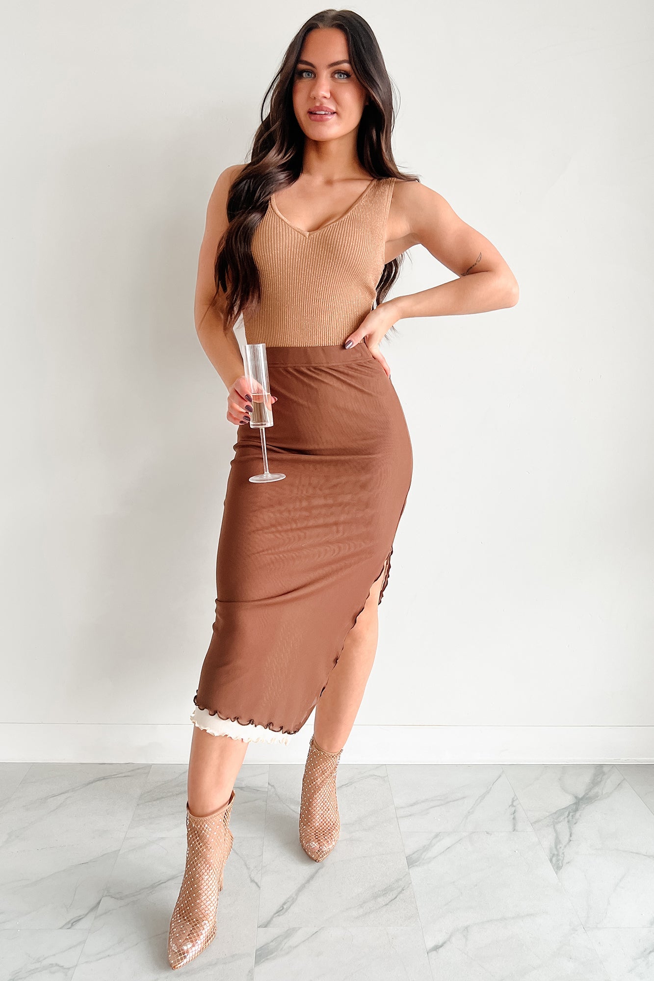 Don't Take It Personally Layered Mesh Midi Skirt (Brown)