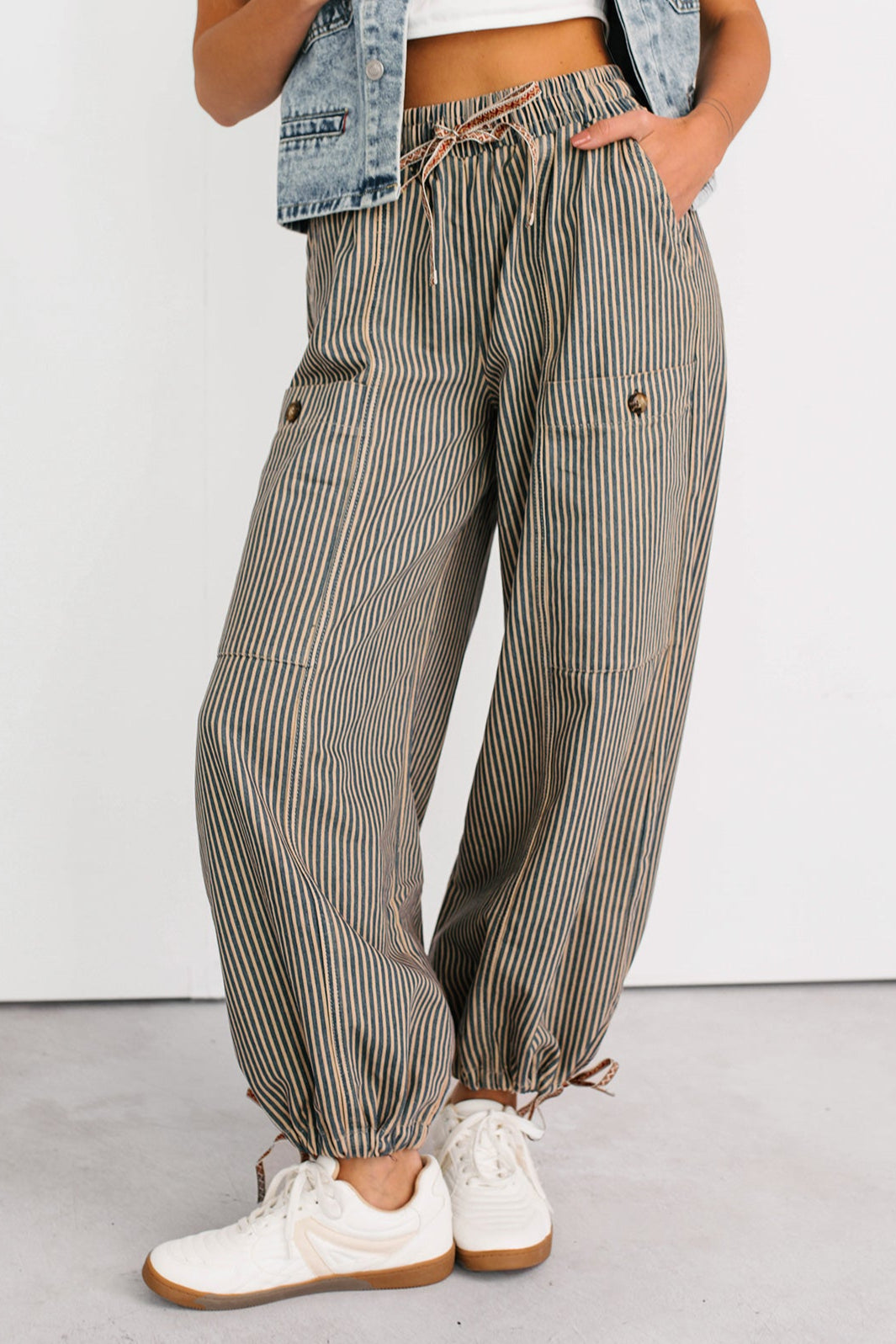 Restless Heart Striped Wide Leg Drawstring Pants (Latte)