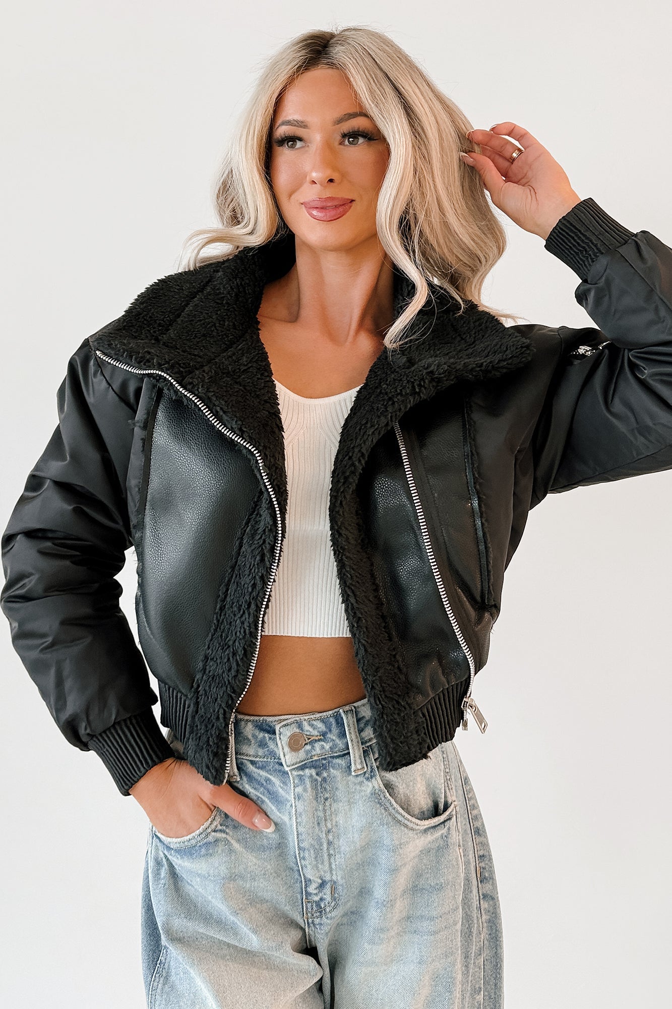 Untamed Icon Faux Leather Sherpa Jacket (Black)