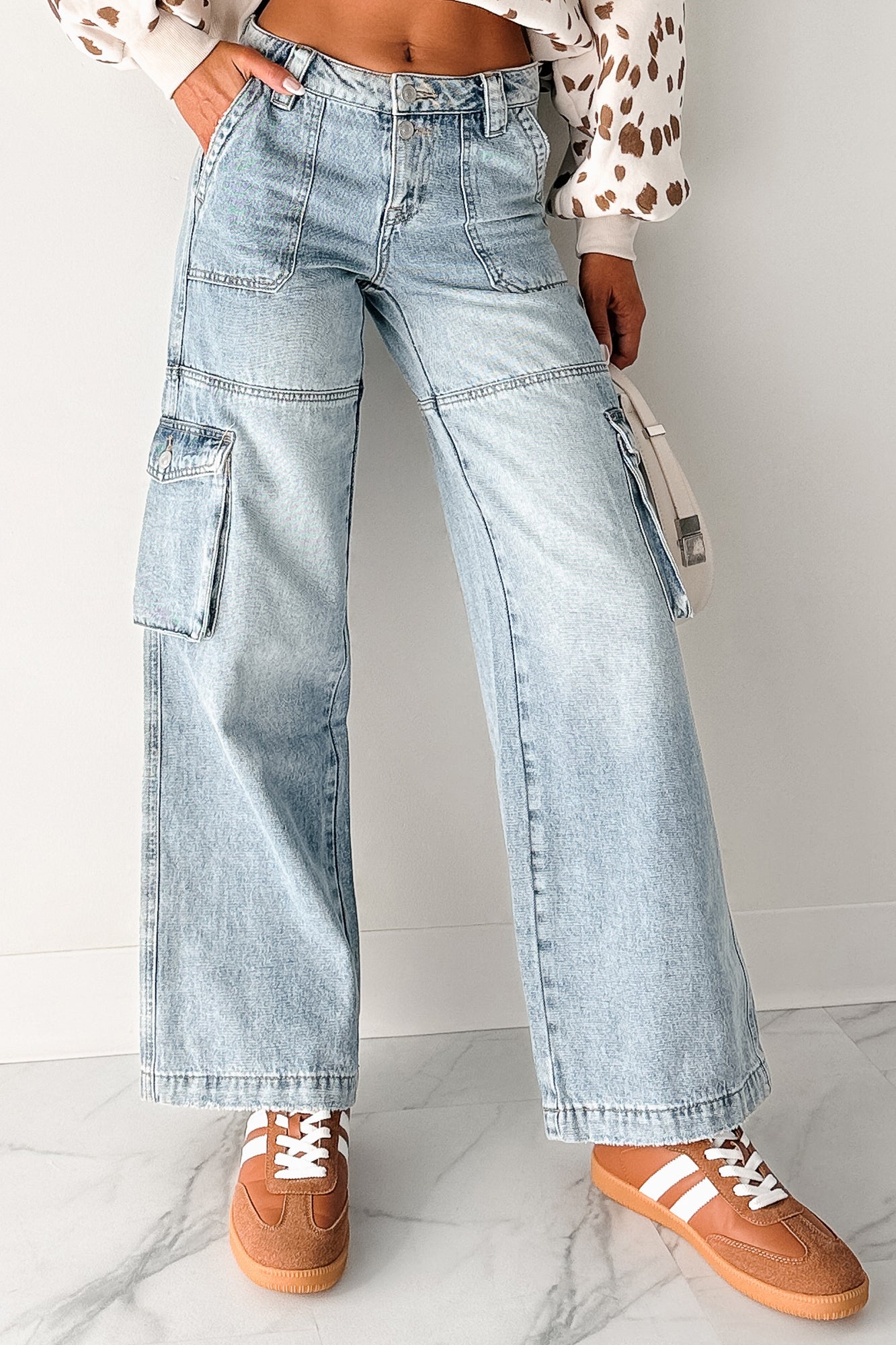Lucy Cargo Mica Denim Wide Leg Cargo Jeans (Medium)