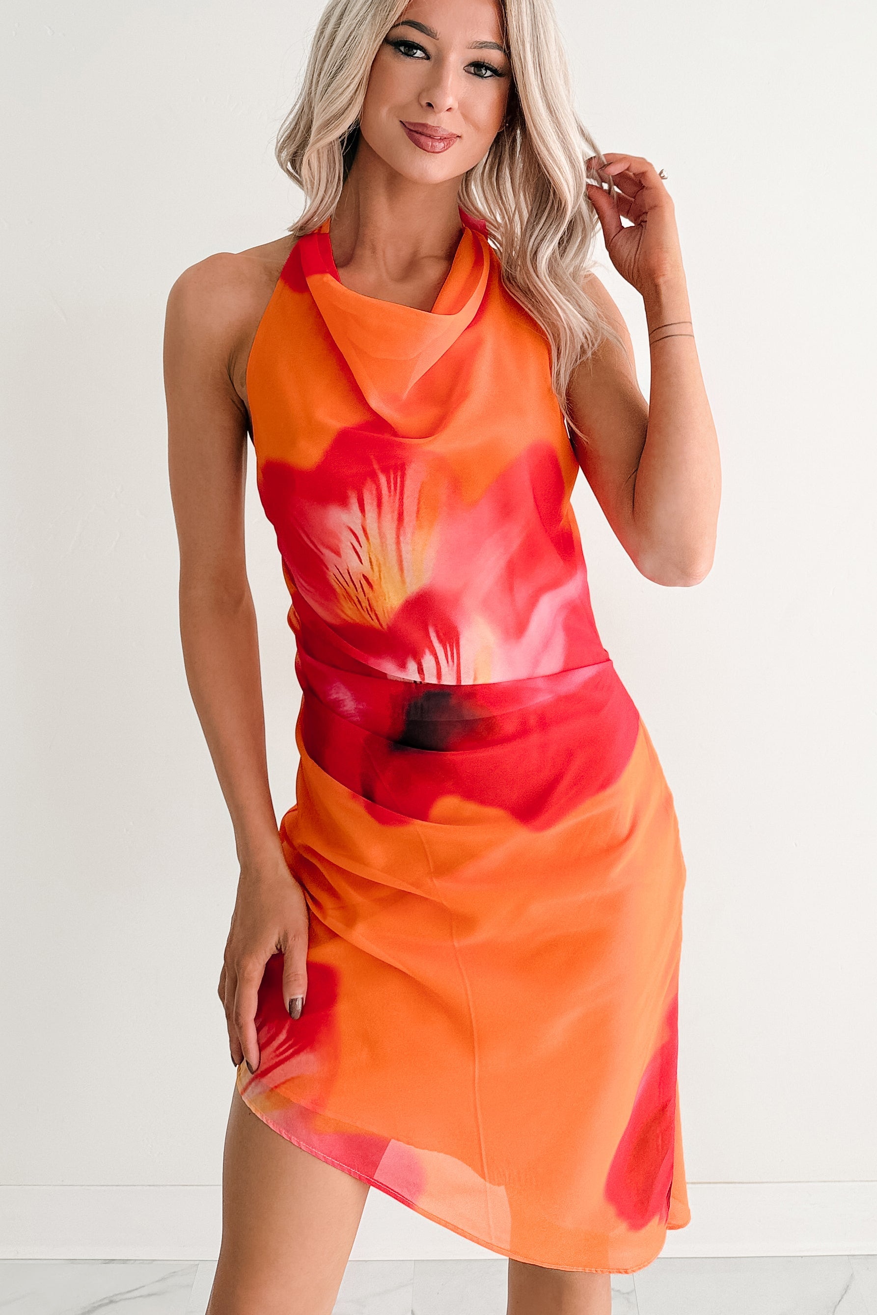 Bloom Again Halter Floral Mini Dress (Orange/Pink/Multi)