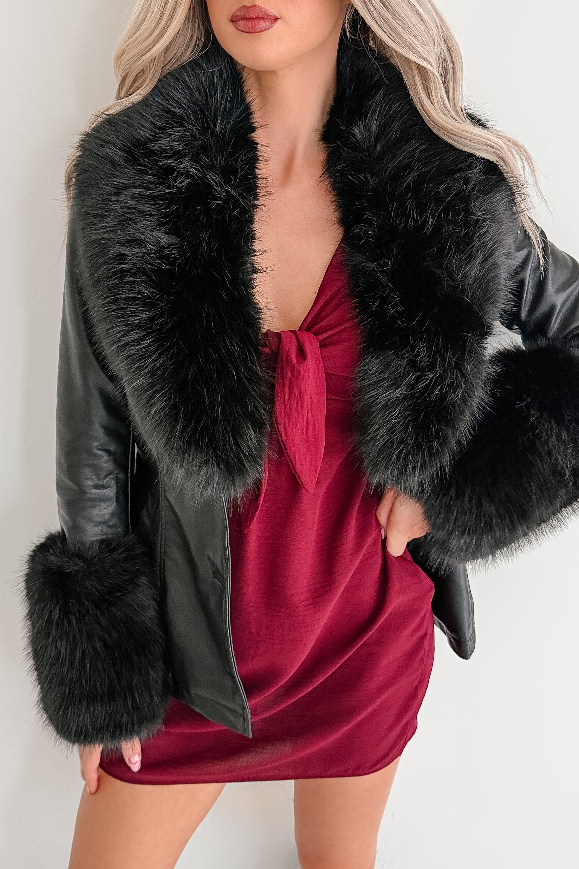 Star Quality Fur Trim Faux Leather Jacket (Black)