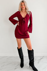 Say You Will Long Flare Sleeve Front Tie Mini Dress (Burgundy)