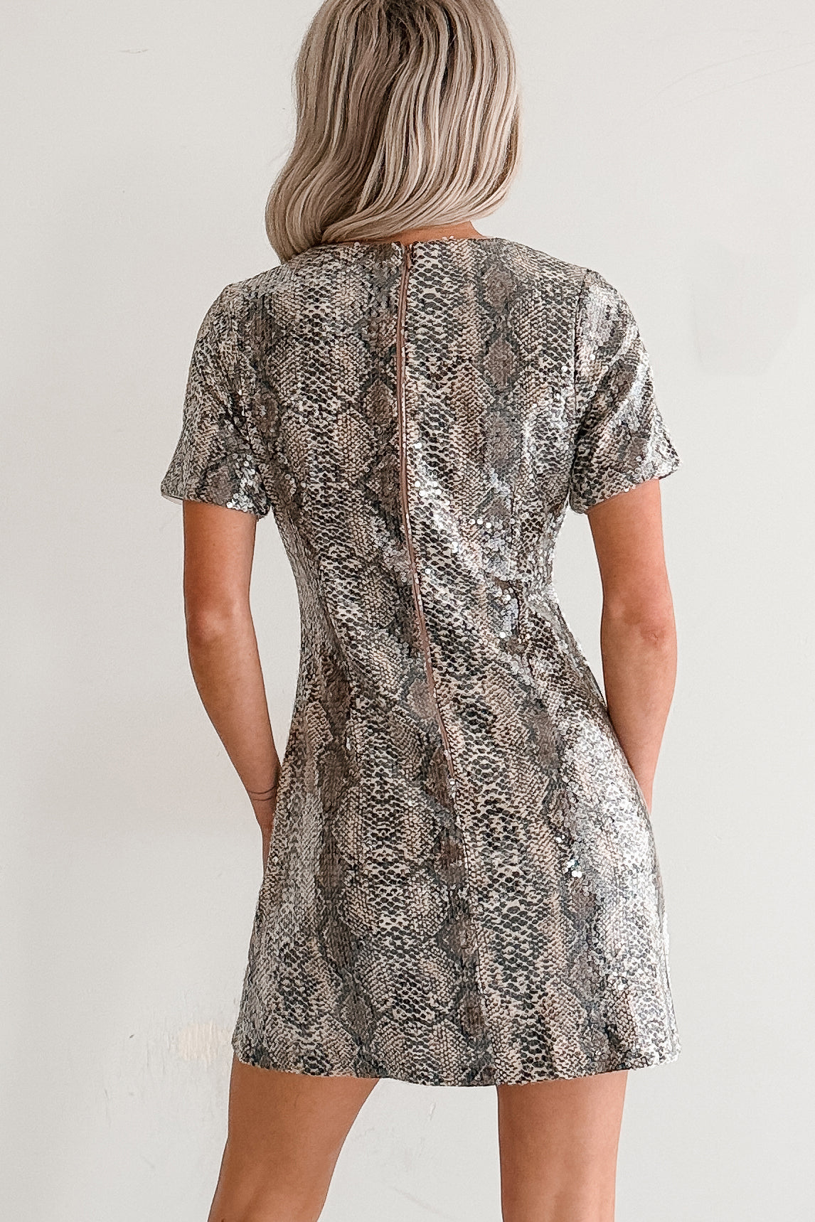 Moved Along Sequin Snakeskin Print Mini Dress (Black/Taupe/Clear)