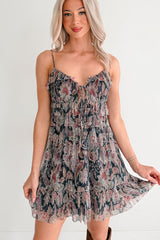 Metallic Floral Plisse Front Tie Mini Dress (Navy Multi)