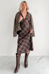 Good Mistake Plaid Deep V-Neck Midi Dress (Burgundy/Taupe)