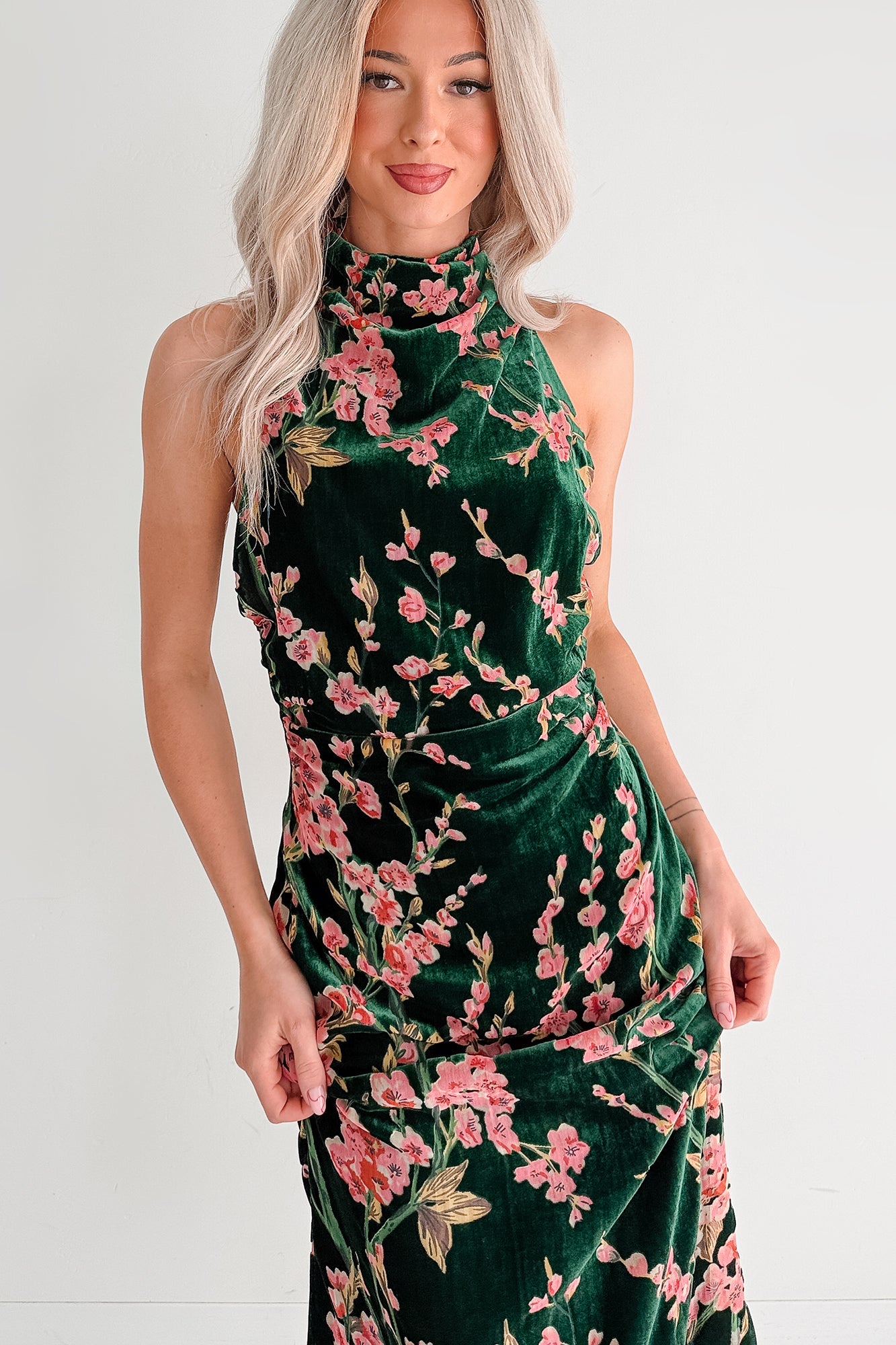 Without You Velvet Cherry Blossom Midi Dress (Green Floral)