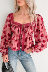Dream In Bloom Lace Trim Open Tie Front Top (Mauve Floral)