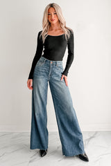 Piece Of Me Rib Knit Contrast Stitch Fitted Long Sleeve Top (Black)
