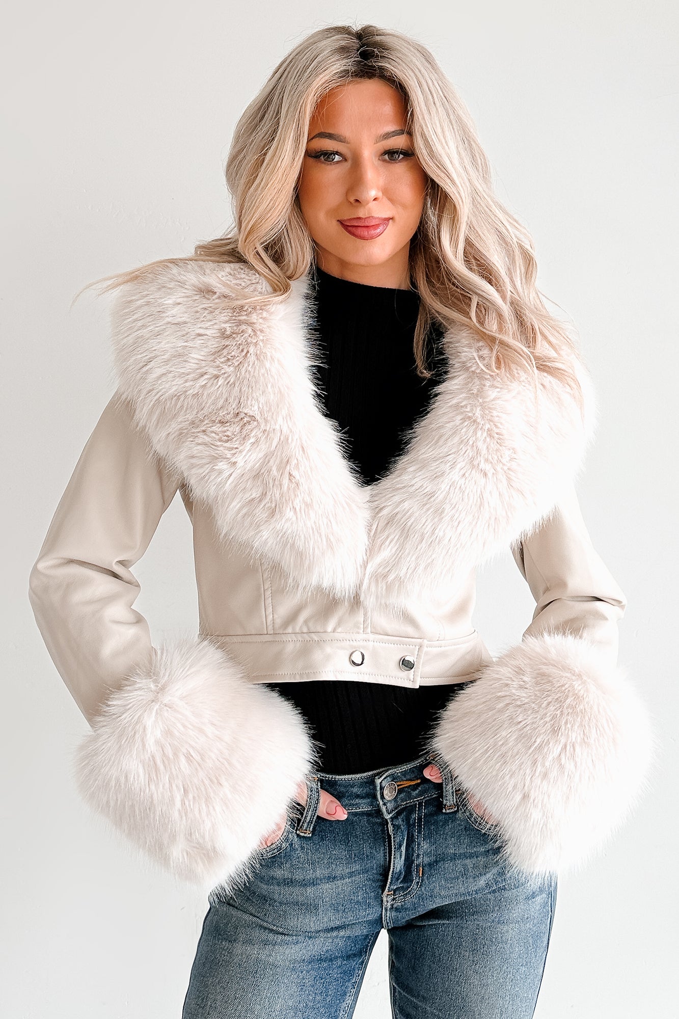 Frosted Elegance Faux Fur Trim Faux Leather Jacket (Cream)