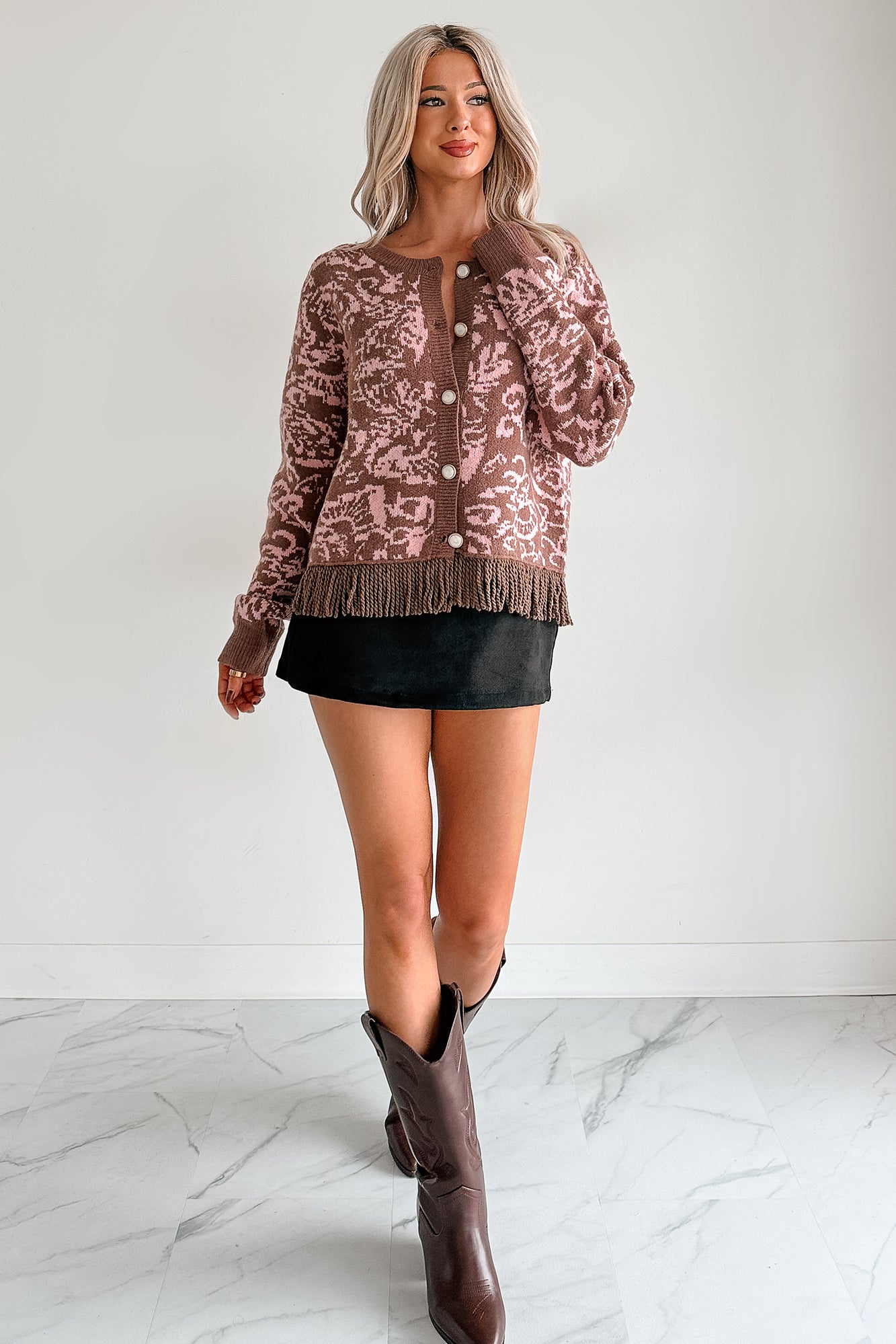 All I Really Want Floral Print Fringe Hem Cardigan (Mocha/Pink)
