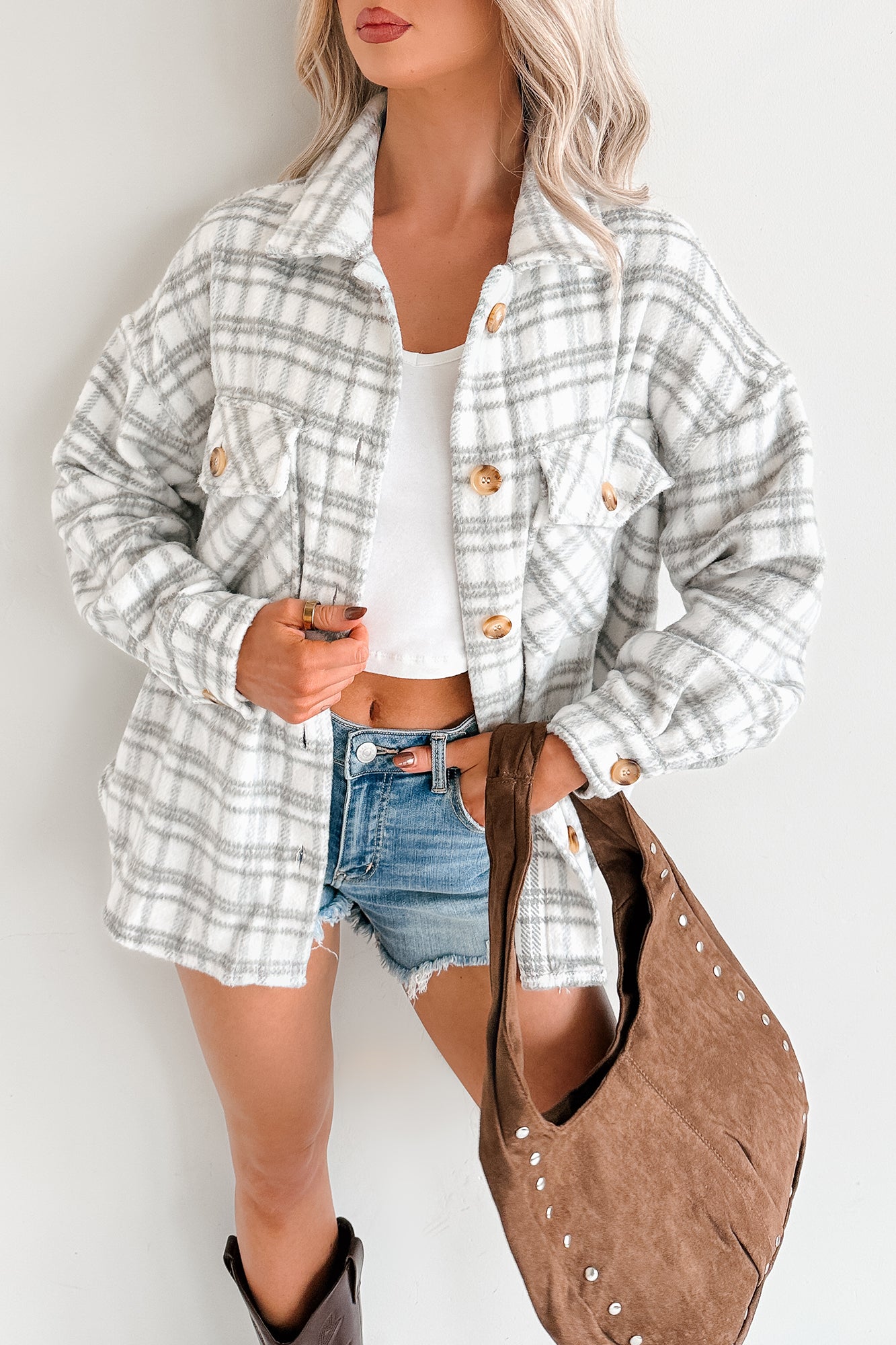Laid Back Life Plaid Long Sleeve Shacket (Heather Grey)