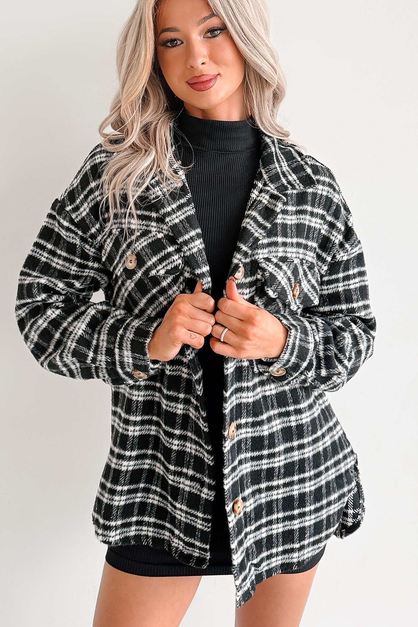 Laid Back Life Plaid Long Sleeve Shacket (Black)