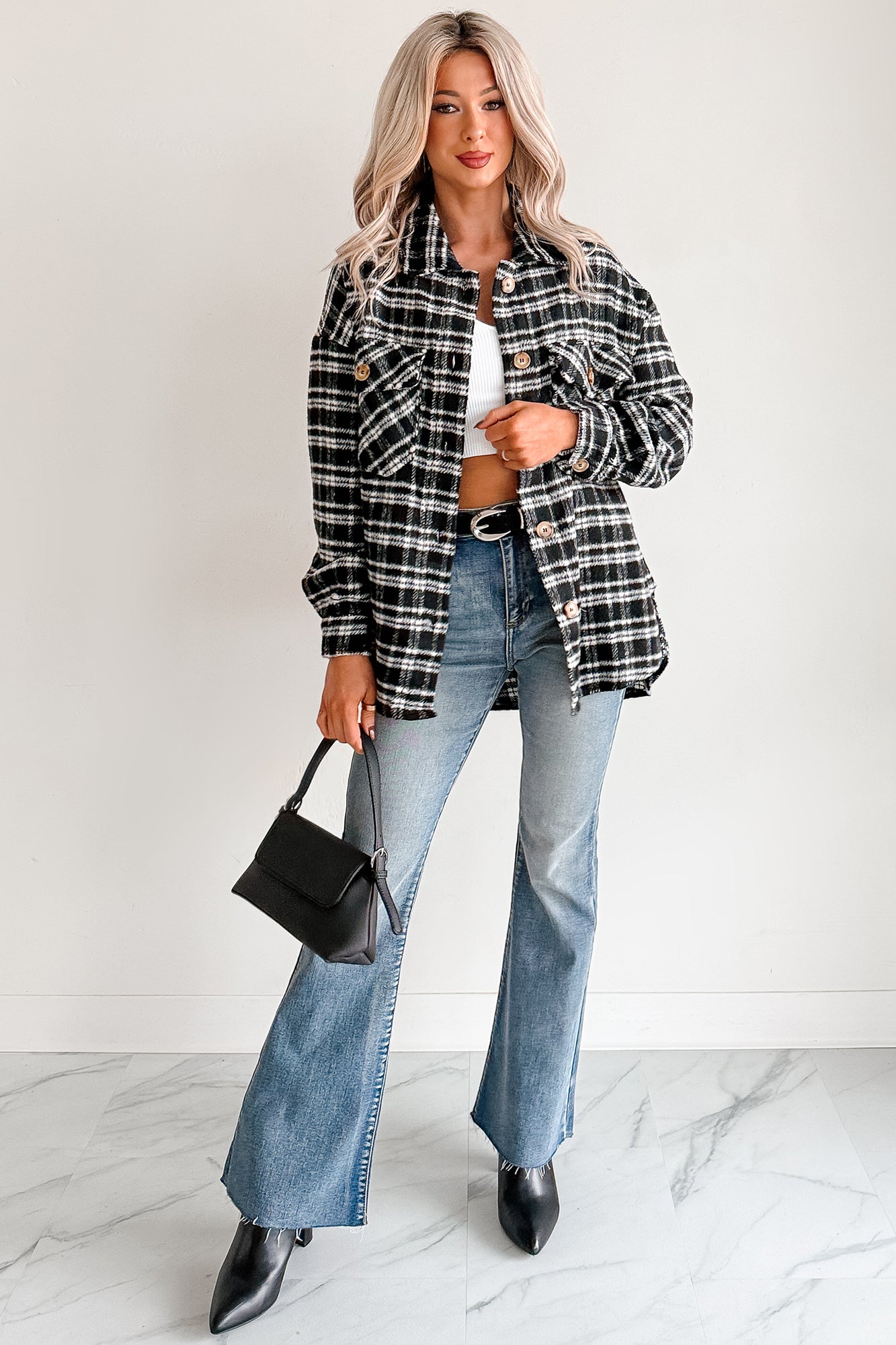 Laid Back Life Plaid Long Sleeve Shacket (Black)