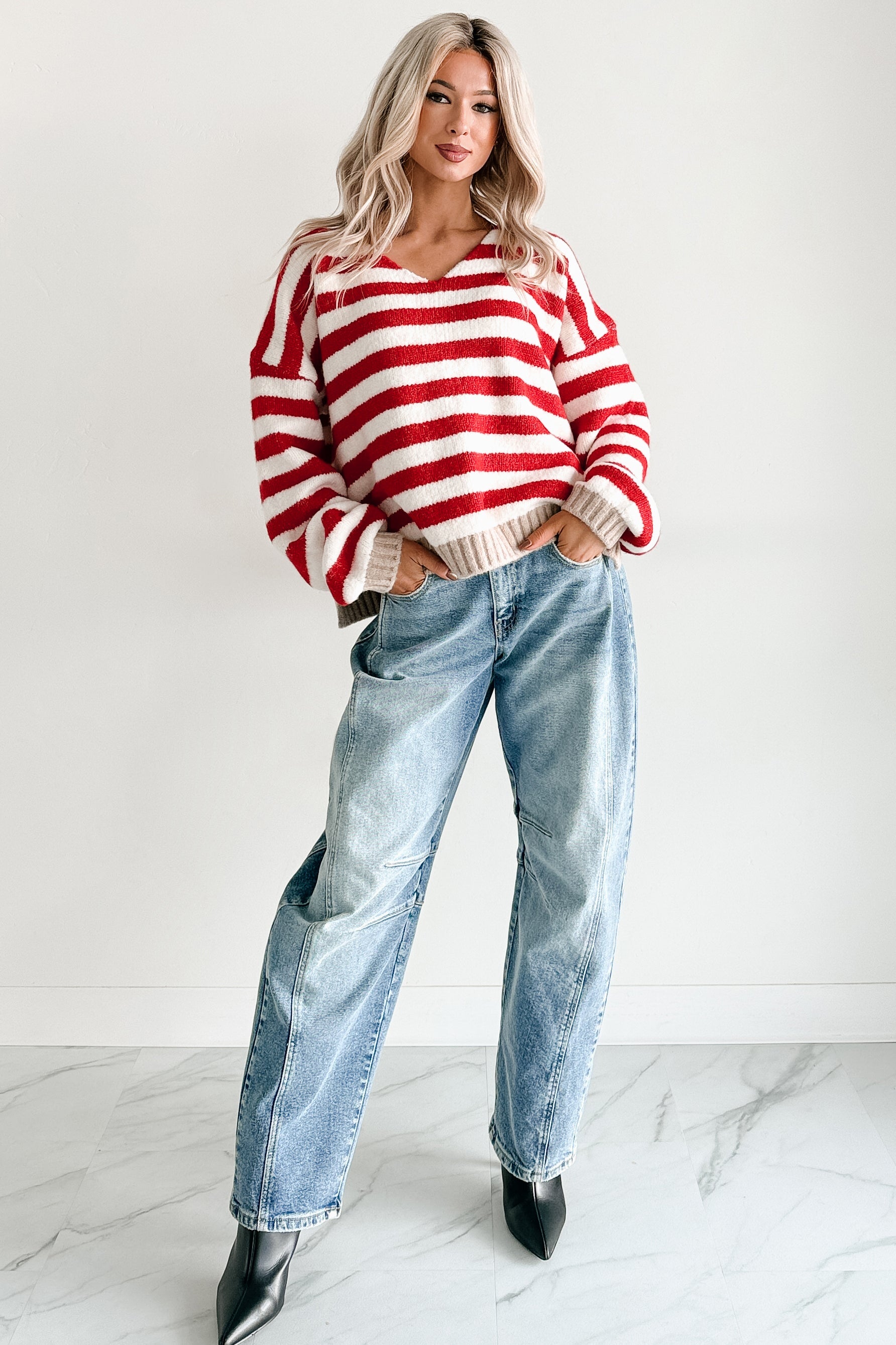 Inspire Me V Neck Striped Knit Sweater (Red/Ivory)