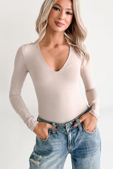 Daily Ease Long Sleeve V Neck Bodysuit (Light Taupe)