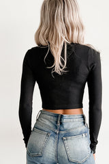 Starstruck Smiles Ribbed Henley Crop Top (Black)