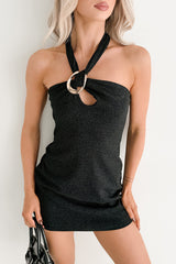 Glistening Girl Halter Glittery Mini Dress (Black)