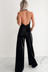 Meant To Win Faux Leather Halter Jumpsuit (Black)