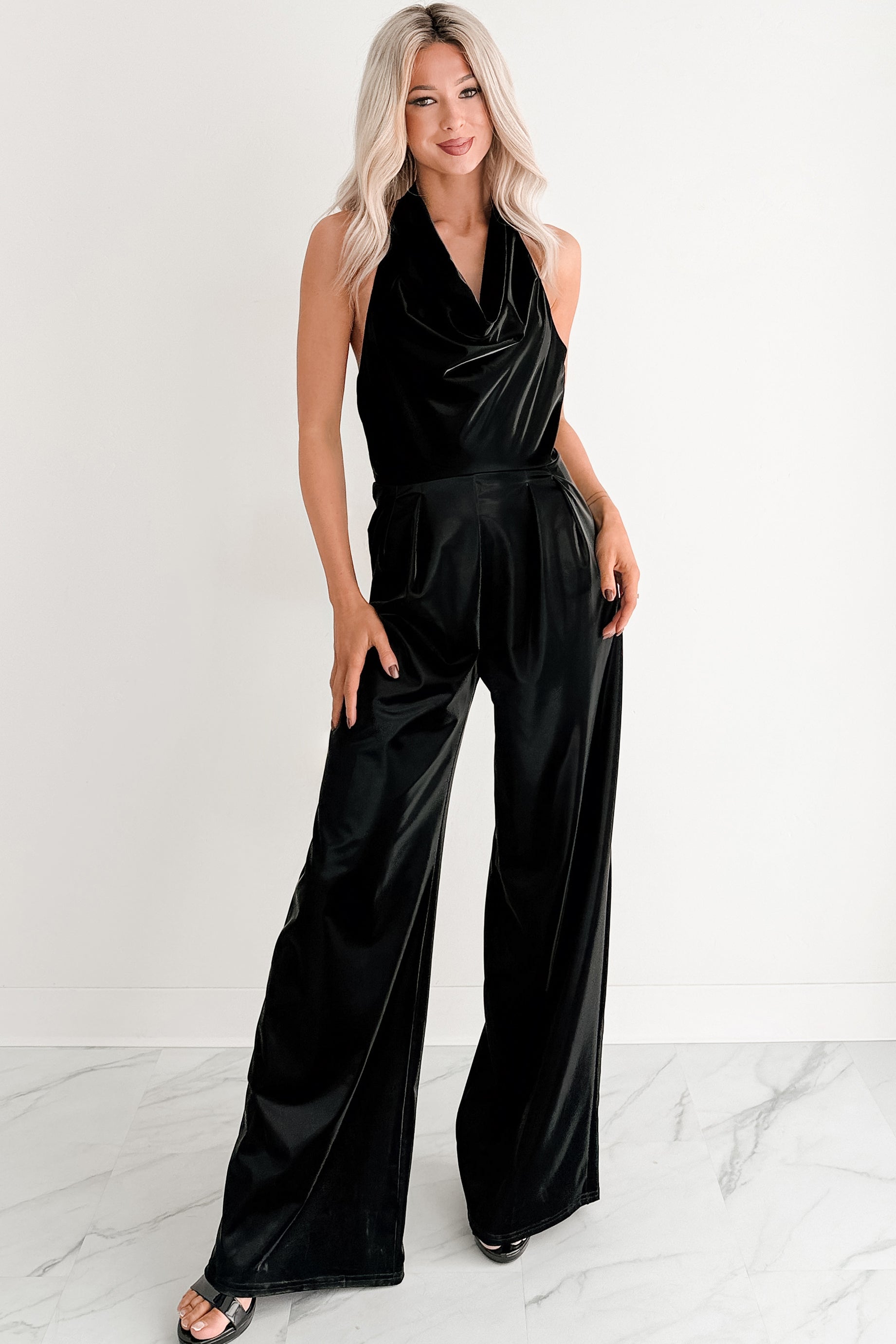 Meant To Win Faux Leather Halter Jumpsuit (Black)