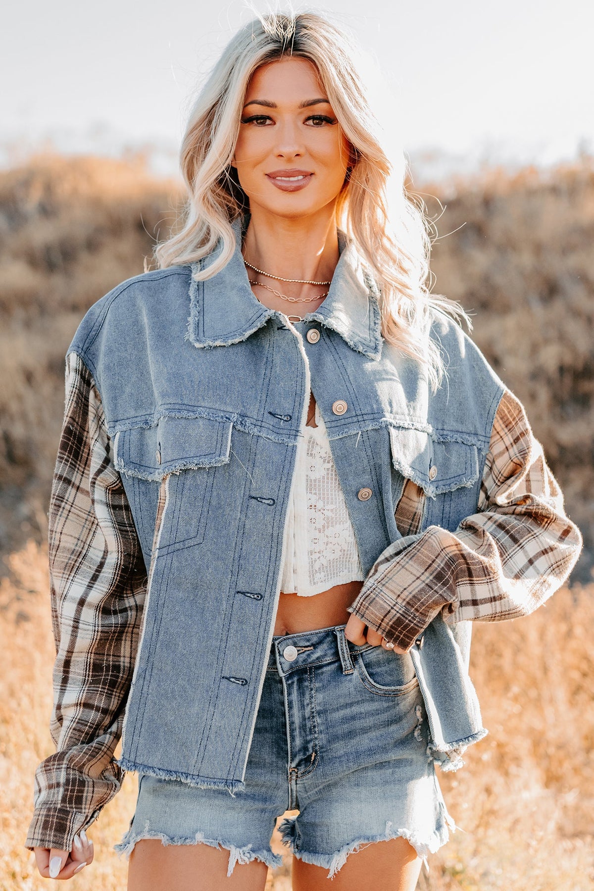 Daily Mode Plaid Denim Mix Jacket (Taupe Blend)
