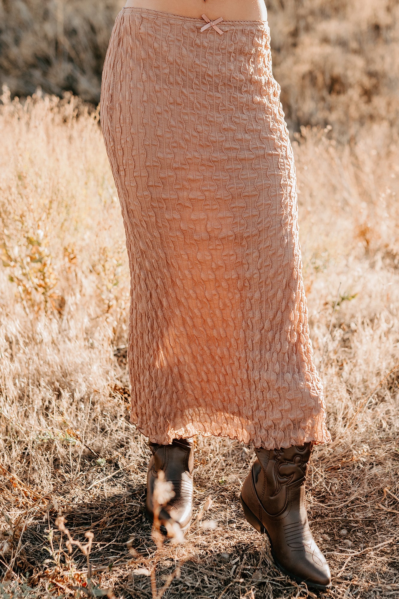 Polished Ease Textured Lace Maxi Skirt (Tan)