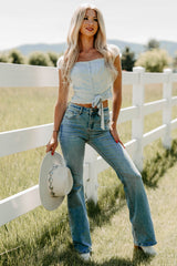 Keep It Cute Satin Lace Crop Top (Dusty Blue)