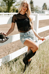 Made To Miss Fringe Mesh Short Sleeve Top (Black)