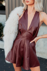 Do It Big Faux Leather Halter Romper (Red Wine)